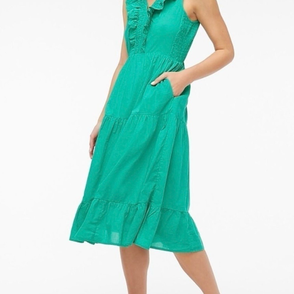 J.Crew‎ Ruffle V-Neck Tiered Midi Dress 0 Green BQ043 Smocked Cotton NEW $128